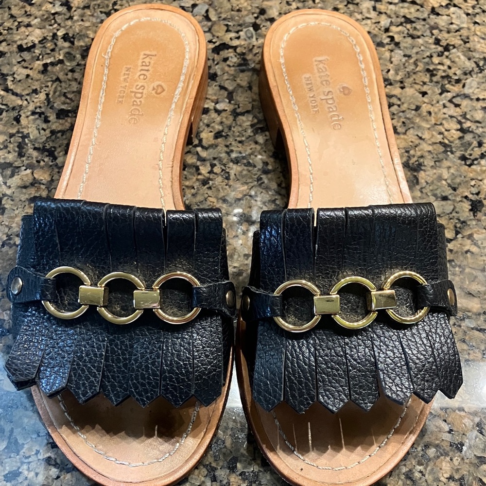 Kate Spade Black Leather Fringe Loafers with Gold Accents